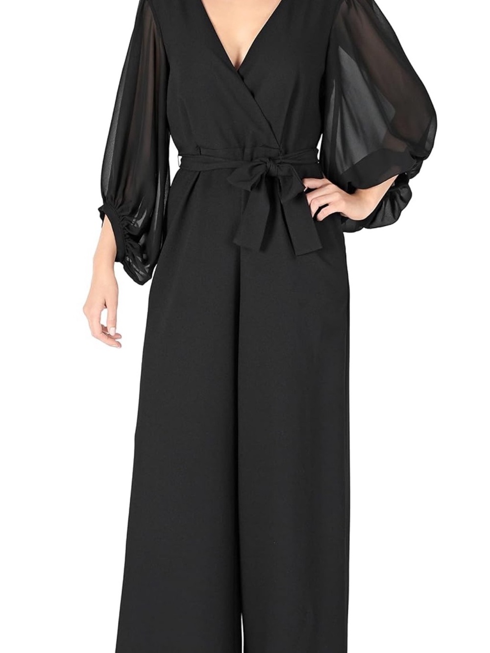 Donna Ricco Black Wrap Jumpsuit with Sheer Balloon Sleeves